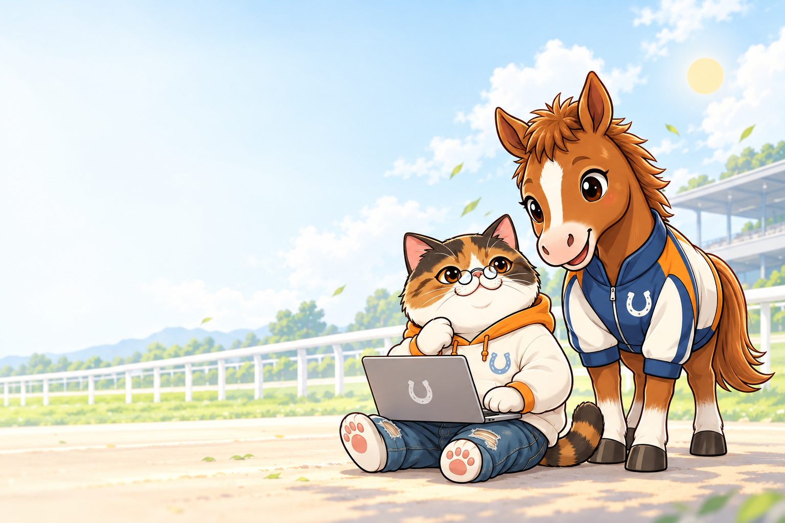 競馬場でパソコンを囲む、まんぷくとサポーターの馬
